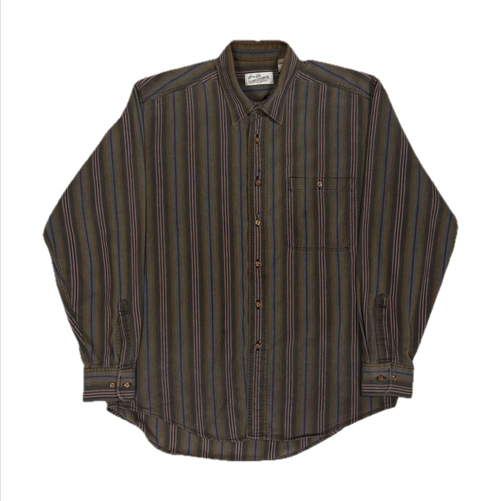 Vtg Sears and Roebuck khaki green blue striped flannel button up shirt men large